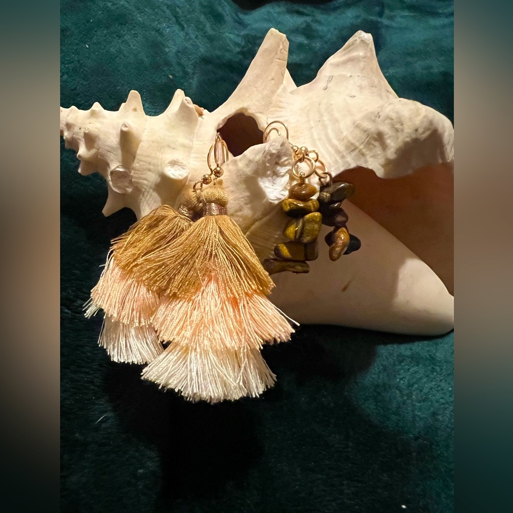 2 Pair Earring Lot - Earth Tone Tassel and Tigers Eye Drop Earrings